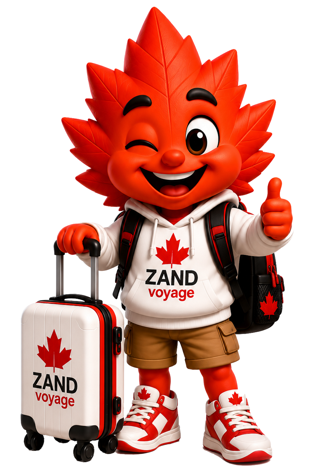 ZAND VOYAGE Canadian travel mascot with passport and luggage